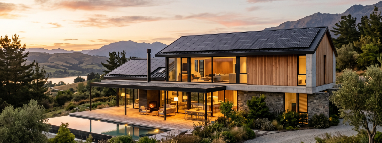 Casa con paneles solares MUST al atardecer